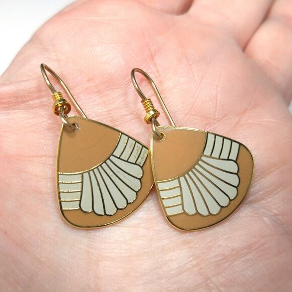 Vintage Laurel Burch Waterfall Earrings, Gold Plated, Beige & Gray Enamel - Picture 10 of 10
